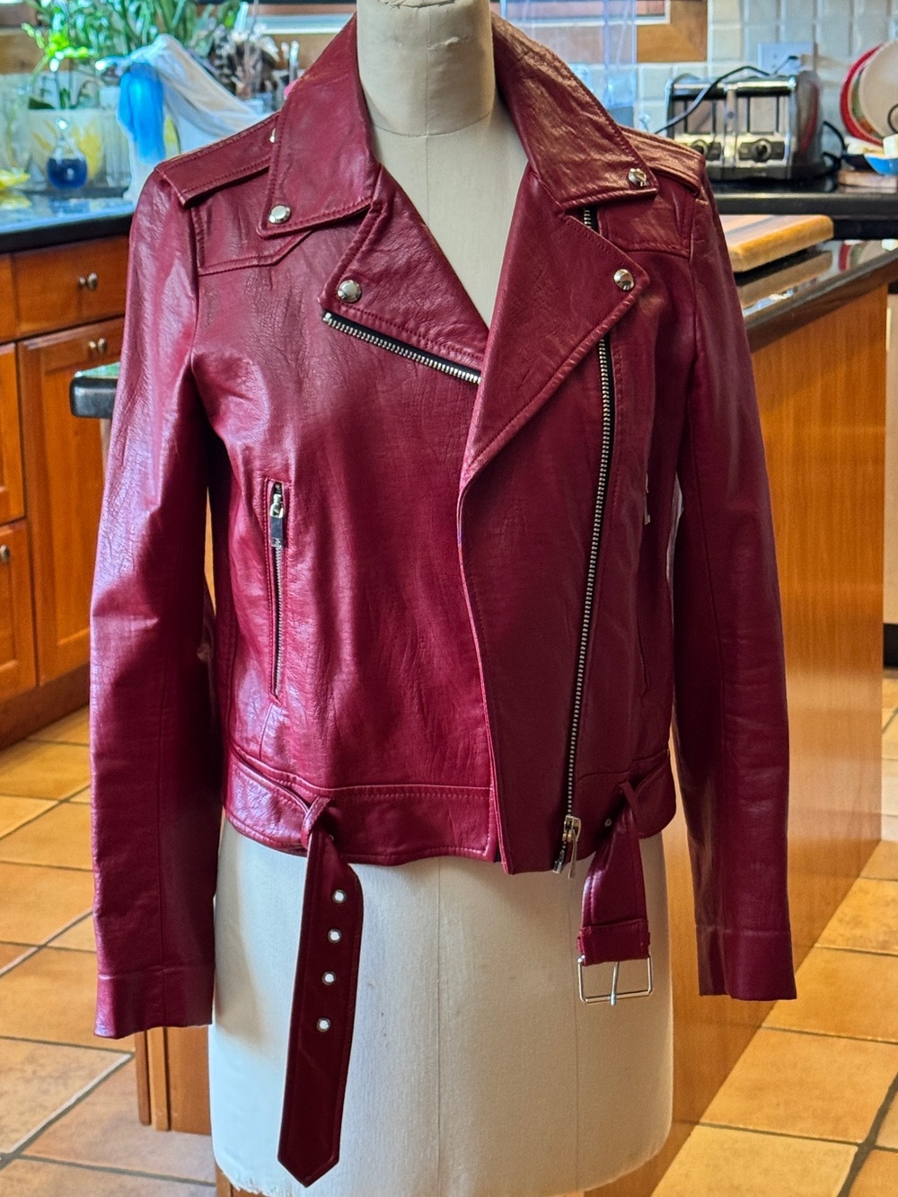 Zara Women's Burgundy Faux Leather Moto Jacket